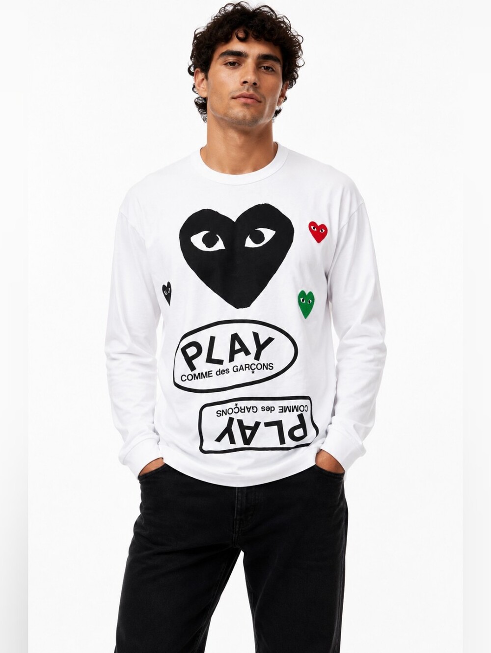 Comme des Garcons PLAY Men's White Long Sleeve Crew Neck Heart Logo Tee L